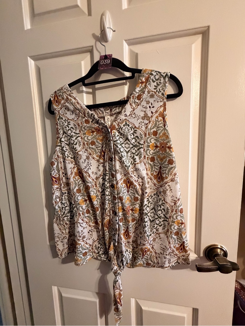 PerSeption Concept White Tie-Front Camisole with Mustard & Olive Medallion Print